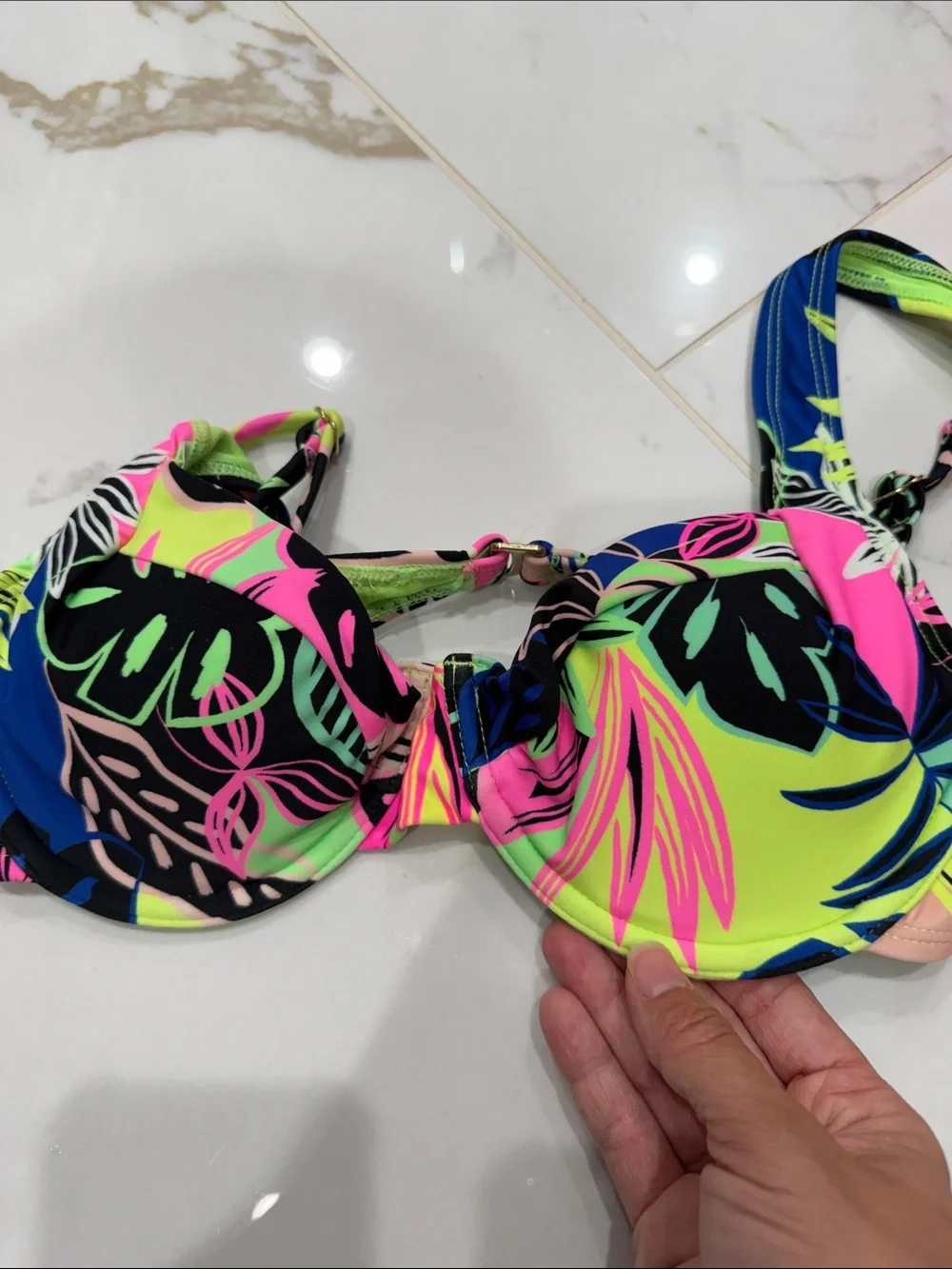 Neon Pink & Tropical Print Bikini Set - Two Tops + Bottom Small - Picture 8 of 9
